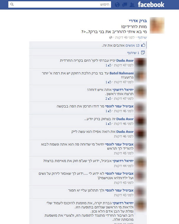 קריאה בפייסבוק: מוות לחרדים