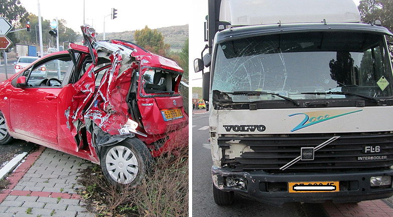 תיעוד מצולם: משאית פגעה ברכב, הנוסעים ניצלו