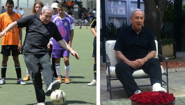נתניהו בגבס. משמאל: במהלך המשחק בו נפצע