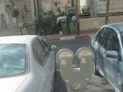 מדחן על רקע פחי הזבל שאינם מפונים