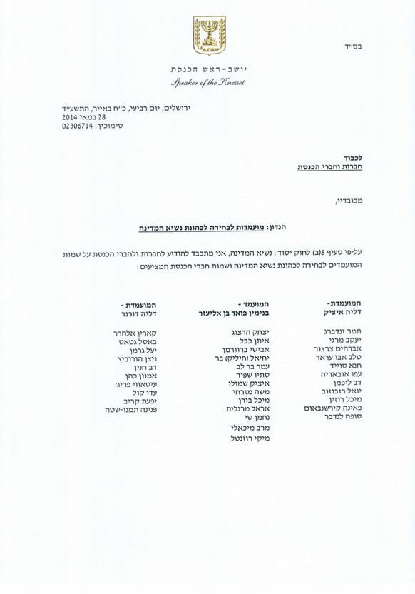 אדלשטיין אישר את ששת המועמדים בבחירות לנשיאות המדינה