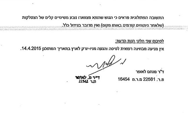 מתוך חוות הדעת של ד"ר לאופר שאילצה את הרב לחזור ארצה. "איך הסתמכו עליו? הוא לא ראה את הרב"