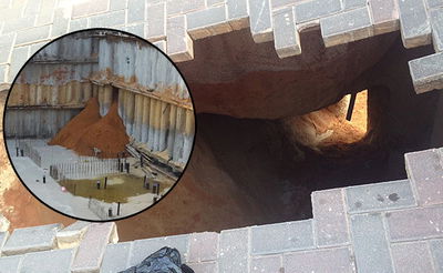 בגלל אתר בניה: בור ענק באמצע הכביש והמדרכה | תיעוד