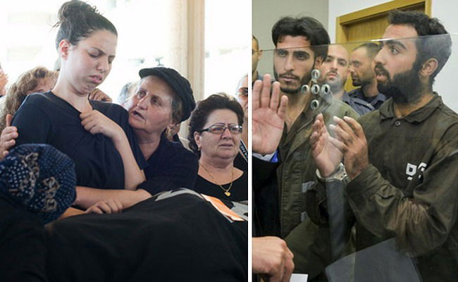 בני המשפחה בהלוייה, והמחבלים הרוצחים בבית המשפט