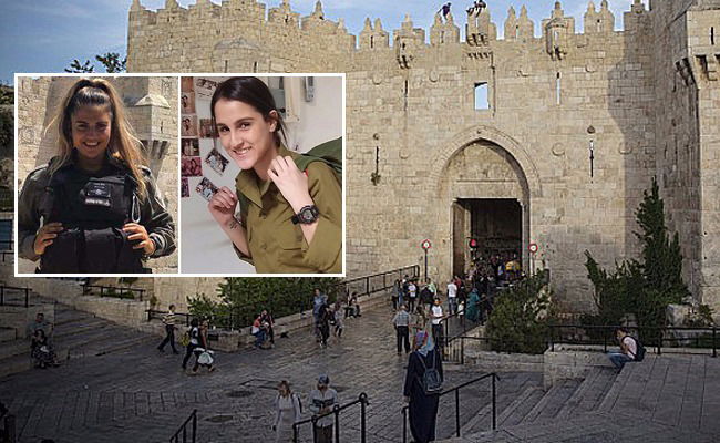 הדס מלכא והדר כהן הי"ד, השוטרות שנרצחו במקום, על רקע שער שכם