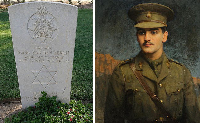 דיוקנו של סימור ואן דר ברג ומצבת קברו בבאר שבע