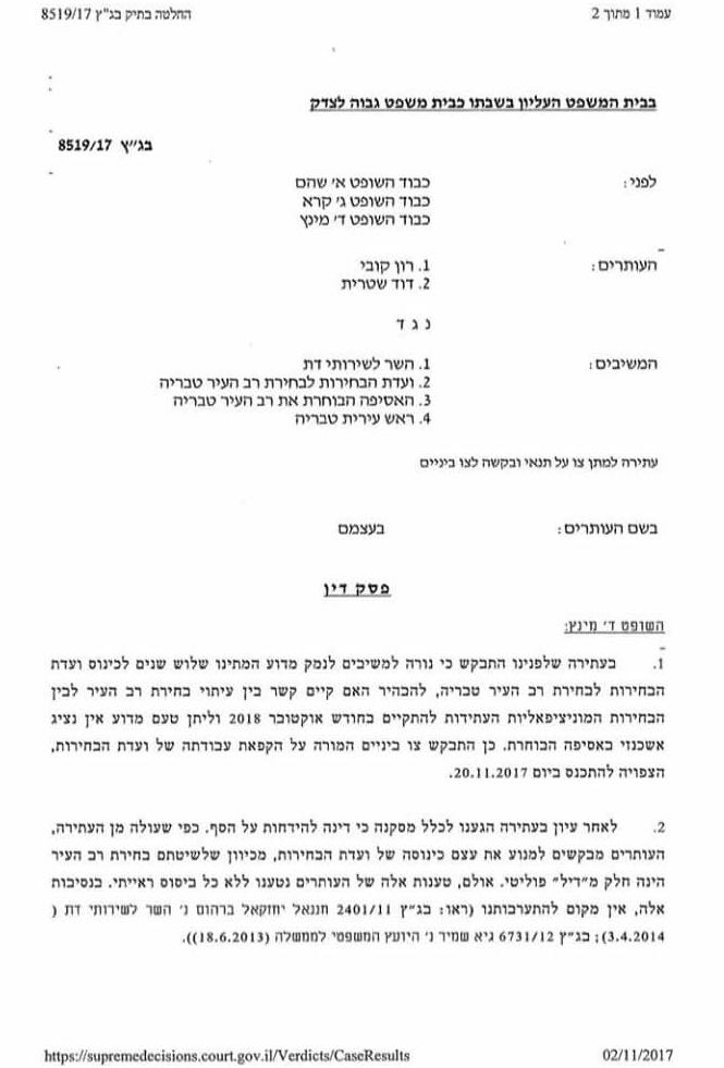 בג"צ דחה על הסף עתירה נגד הבחירות לרב העיר טבריה