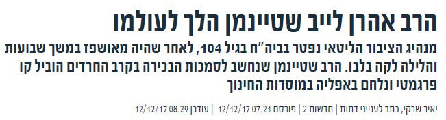 "היחיד ששרד"; "ידע לאזן" - כך סוקרה פטירת מרן הרב שטיינמן בתקשורת הכללית