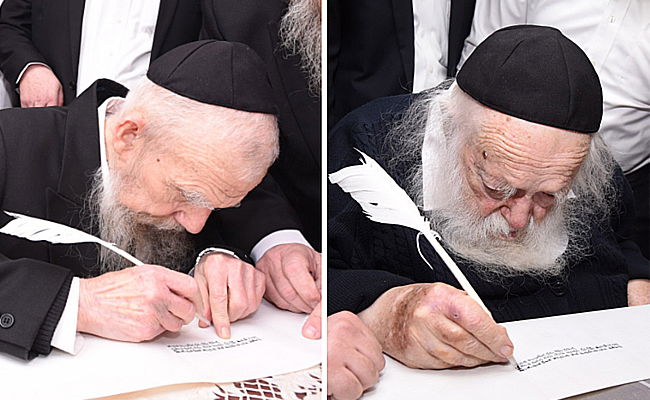 מרן הגר"ח קנייבסקי והגר"ג אדלשטיין בכתיבת אותיות, הבוקר