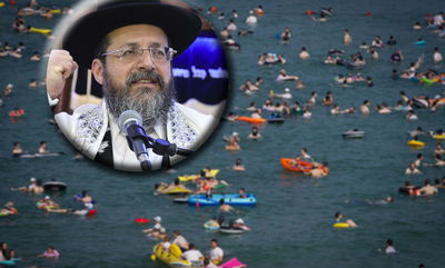 הגר"א בר שלום על רקע רוחצים בים