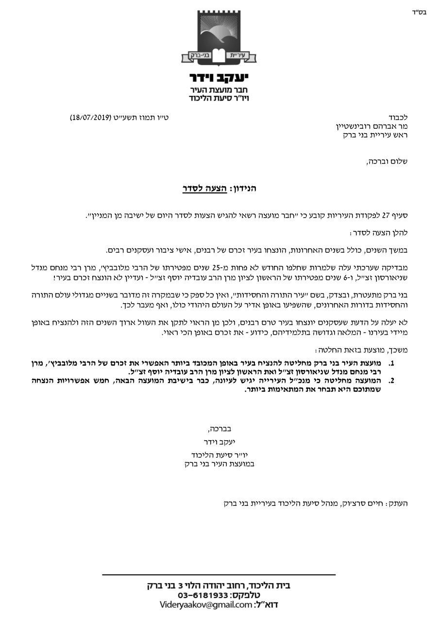 על שולחן עיריית בני ברק: רחובות ע"ש הרבי מחב"ד והגר"ע יוסף