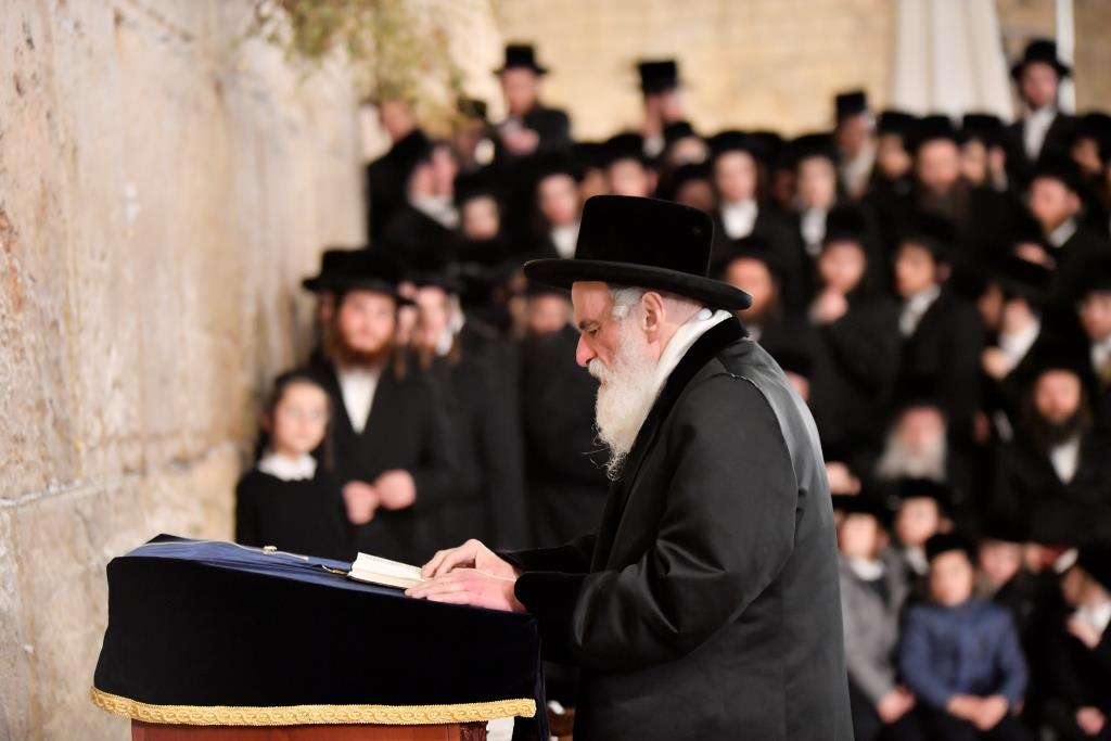 הרבי מויז'ניץ רקד עם נכדיו החתנים ברחבת הכותל