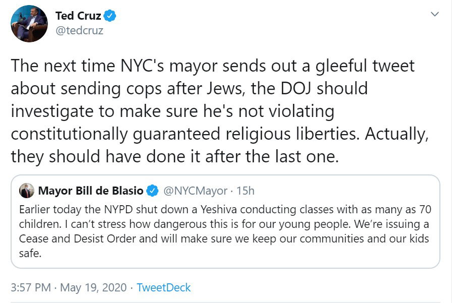 ציוצו של הסנאטור טד קרוז בעד היהודים ונגד ראש העיר