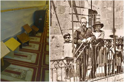 מימין: ר' משה שפירא; משמאל: "סטנדרים" מוסלמים ממסגד כיפת הסלע