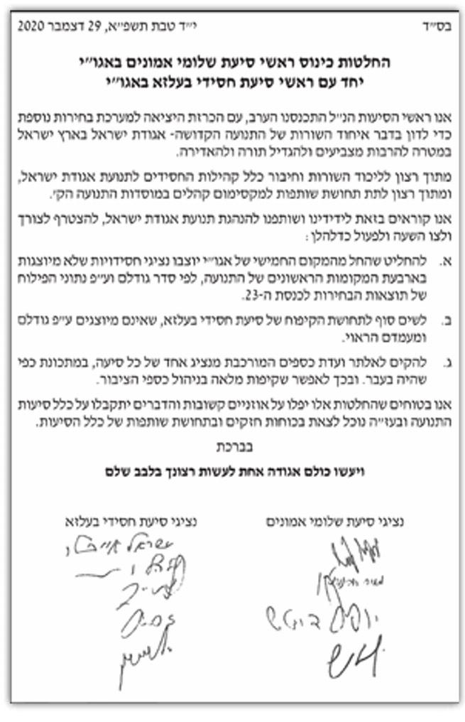 בעלזא ושלומי אמונים מתאחדים - ומציבים רשימת דרישות
