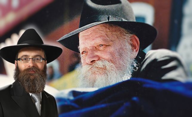 הרב ד"ר אריה טייטלבאום על רקע תמונתו המפורסמת של הרבי