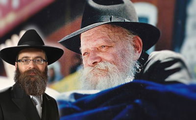 הרב ד"ר אריה טייטלבאום על רקע תמונתו המפורסמת של הרבי