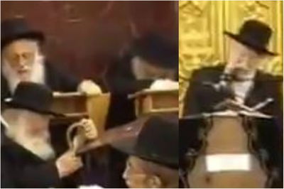 הגרמי"ל ליפקוביץ נואם בעצרת, לצד מרן הגר"ח קנייבסקי והגרב"ד פוברסקי