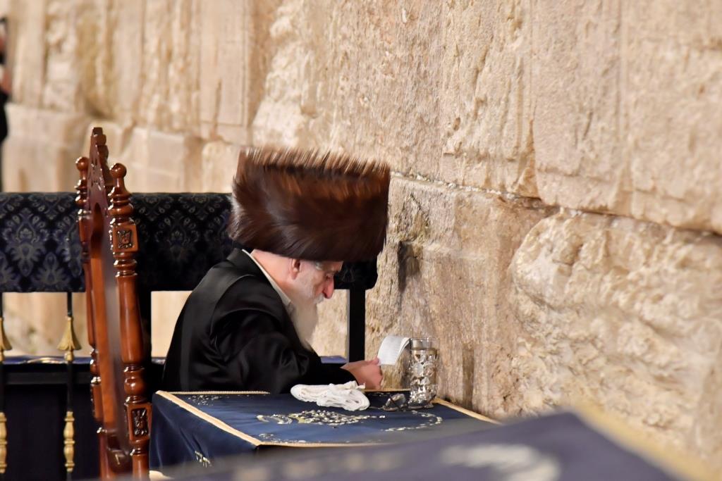 האדמו"ר מויז'ניץ בתפילה ברחבת הכותל המערבי