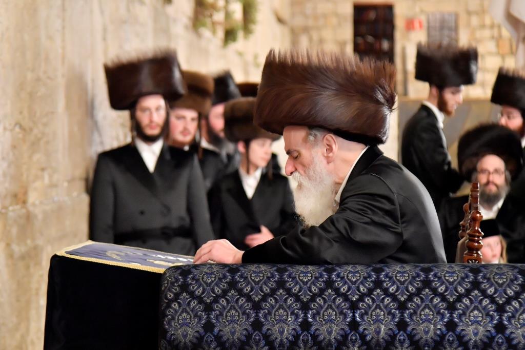 האדמו"ר מויז'ניץ בתפילה ברחבת הכותל המערבי