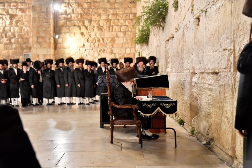 האדמו"ר מויז'ניץ בתפילה ברחבת הכותל המערבי