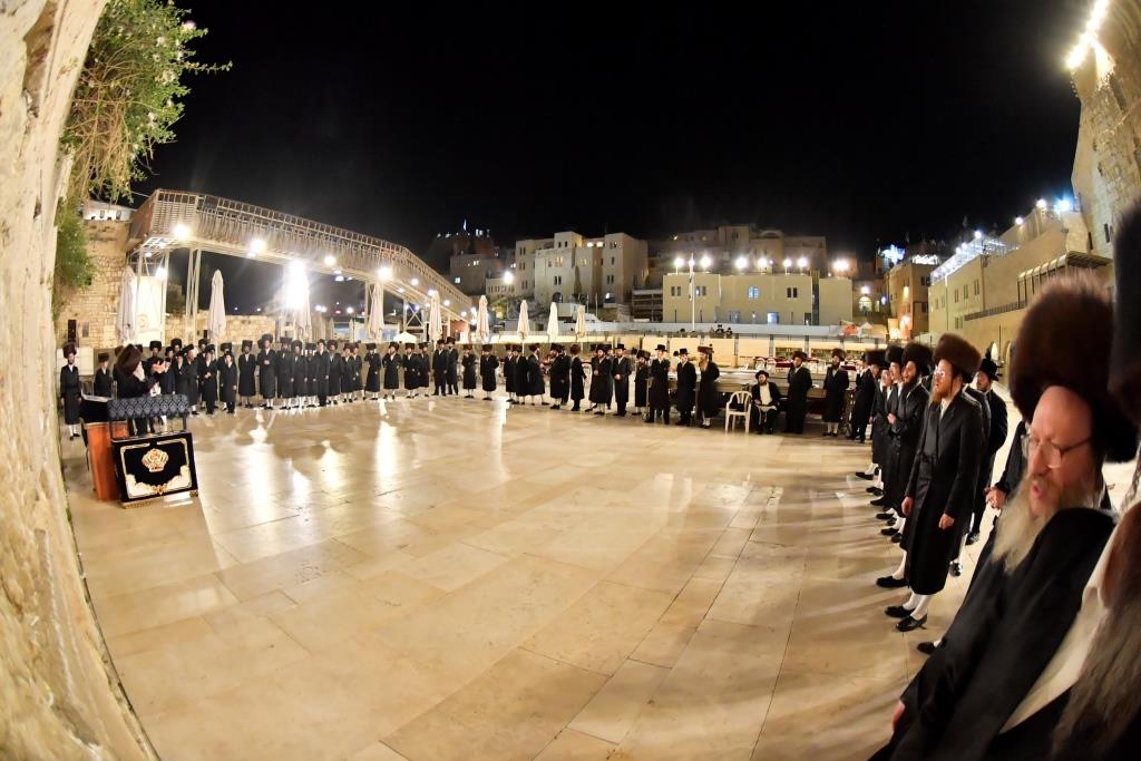 האדמו"ר מויז'ניץ בתפילה ברחבת הכותל המערבי