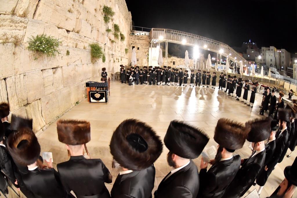 האדמו"ר מויז'ניץ בתפילה ברחבת הכותל המערבי