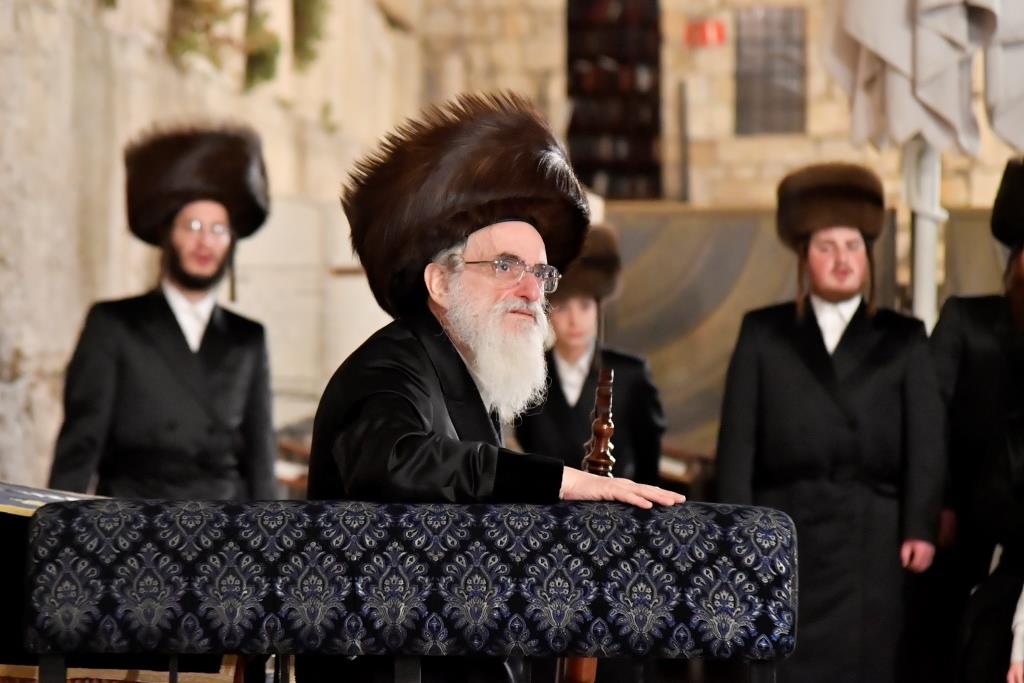 האדמו"ר מויז'ניץ בתפילה ברחבת הכותל המערבי