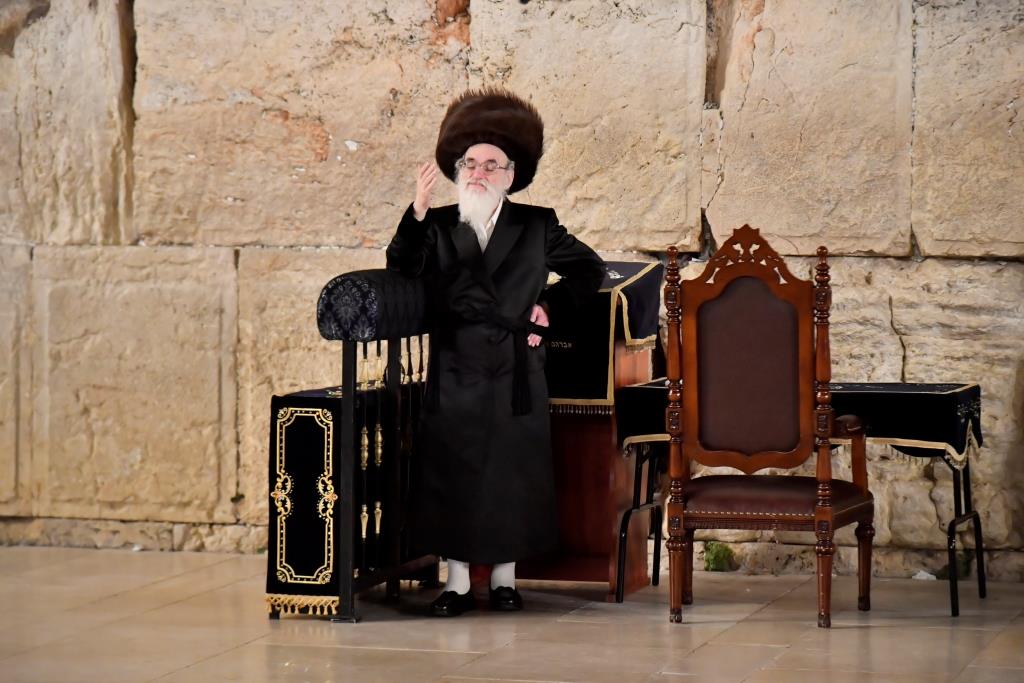 האדמו"ר מויז'ניץ בתפילה ברחבת הכותל המערבי