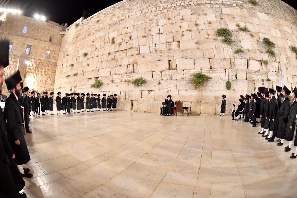 האדמו"ר מויז'ניץ בתפילה ברחבת הכותל המערבי