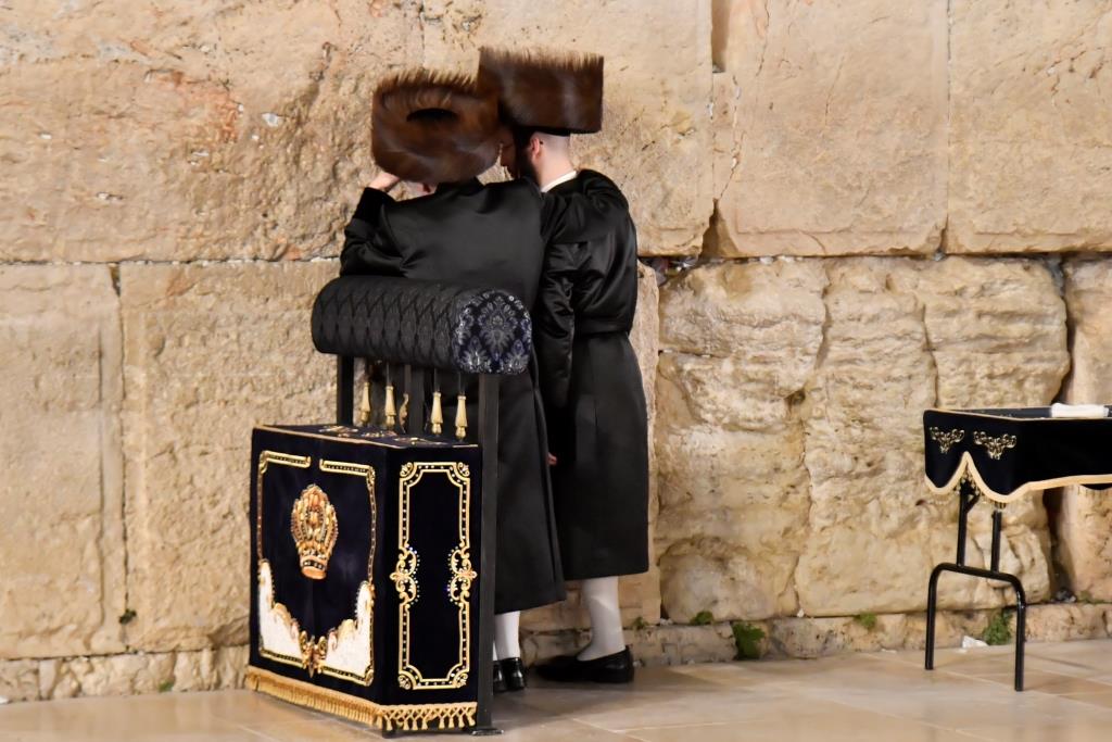 האדמו"ר מויז'ניץ בתפילה ברחבת הכותל המערבי