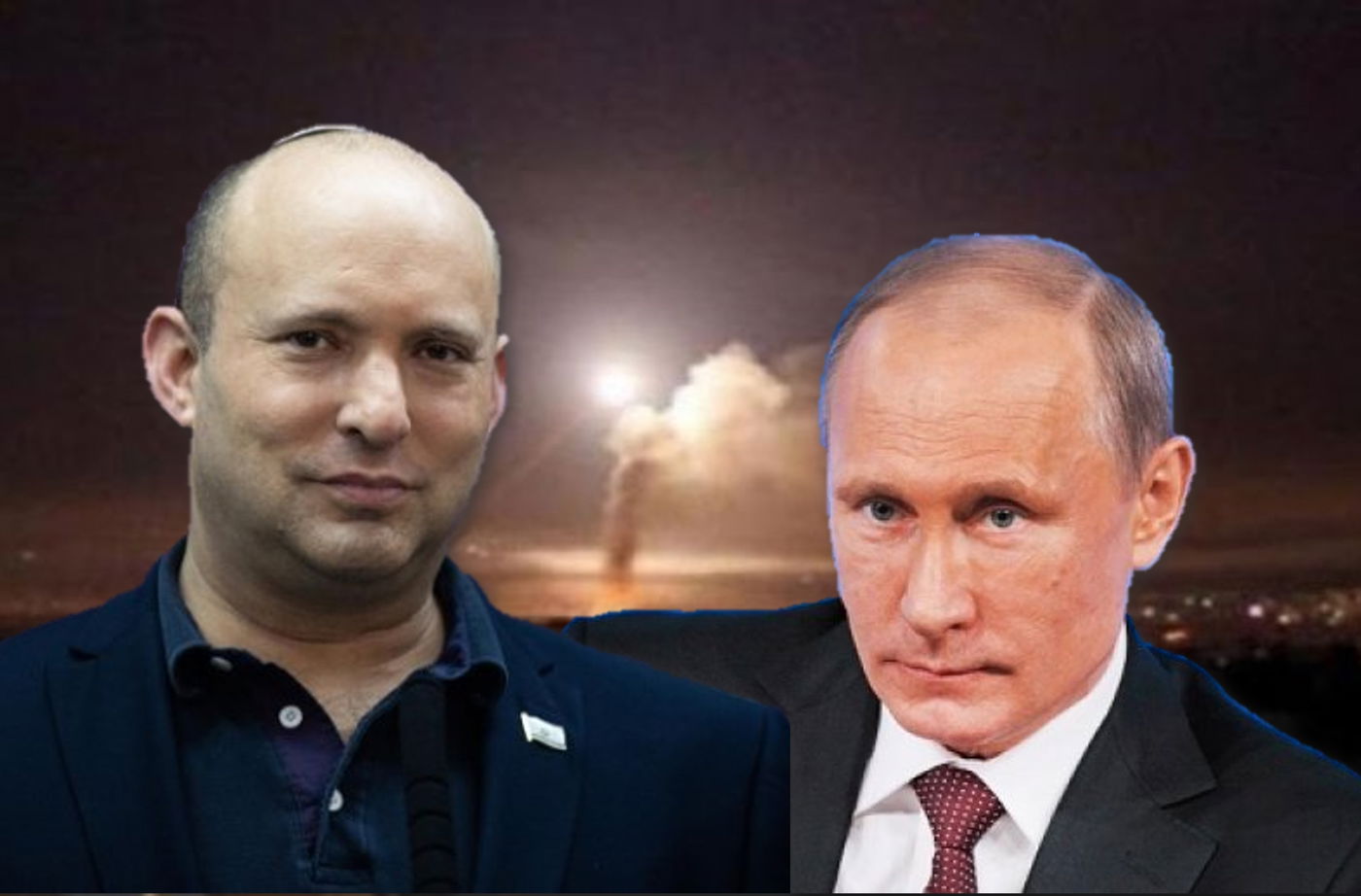 בנט ופוטין. ברקע: תקיפה ישראלית בסוריה