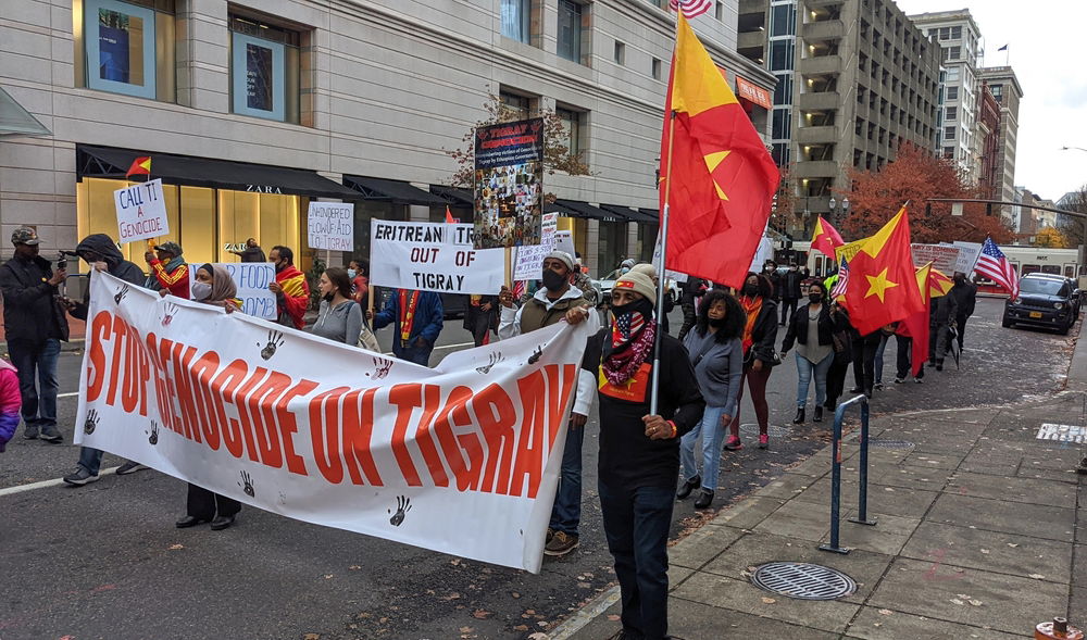 מפגינים בארה"ב כנגד הטבח בתיגראי