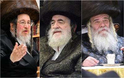 הגיסים, האדמו"רים מקרעטשניף י"ם וביאלא ב"ב. בתווך: הרבי מויז'ניץ