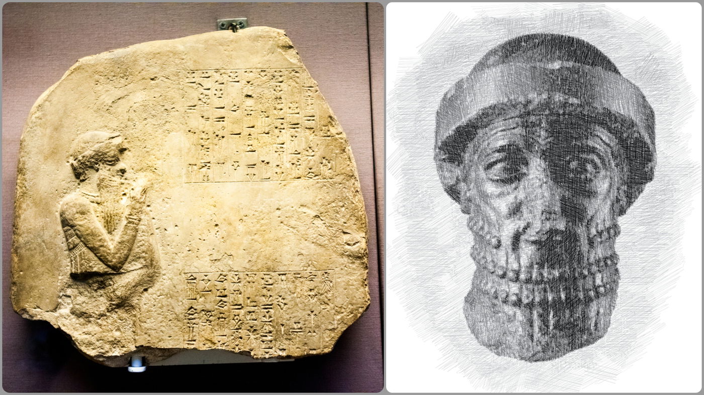 איור דמותו של חמורבי, וספר החוקים כיום במוזיאון