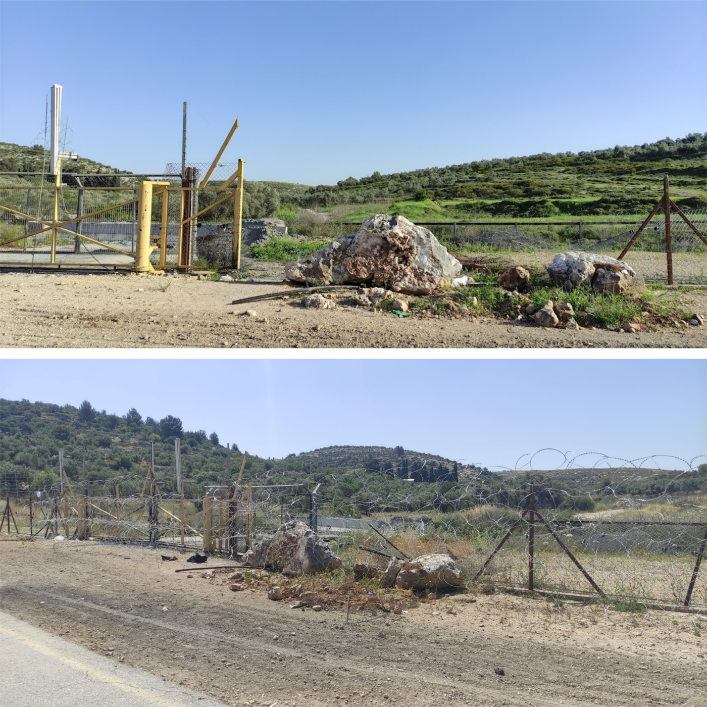 בתמונה העליונה: הגדר פרוצה; בתמונה התחתונה: סגירה עם תלתלית תיל