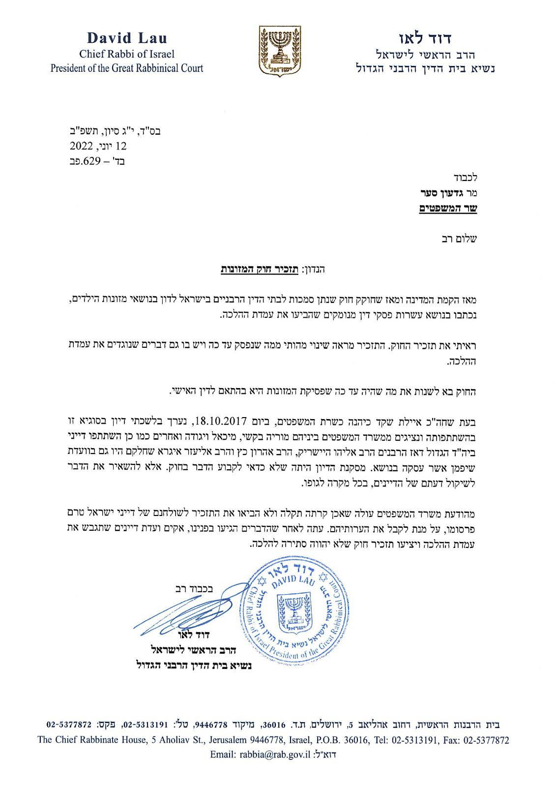 מכתבו של הגר"ד לאו