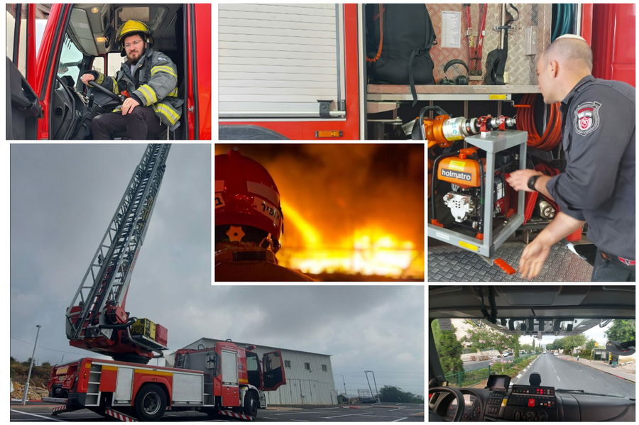 עם כיוון השעון: ליפשיץ בהסבר על הציוד בכבאית, הסיור ברחובות ביתר - מהכבאית, המנוף שמגיע לגובה 8 קומות, כותב השורות בסיור ובאמצע - לוחם אש בכיבוי שריפה