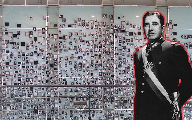 פינושה. ברקע: תמונות חלק מקורבנות המשטר הרצחני