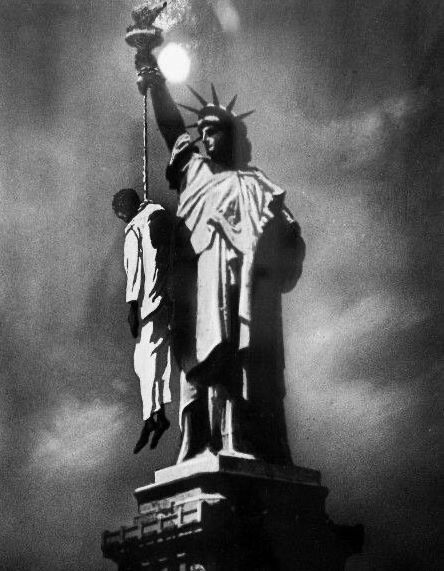 תמונת בונוס נוספת: קריקטורה מבית התעמולה הסובייטית, מציג פוטושופ שמתארת את החירות האמריקנית כרוצחת. 1963