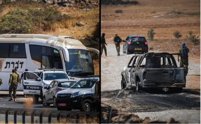 מימין: רכב המחבלים, משמאל: האוטובוס המחורר