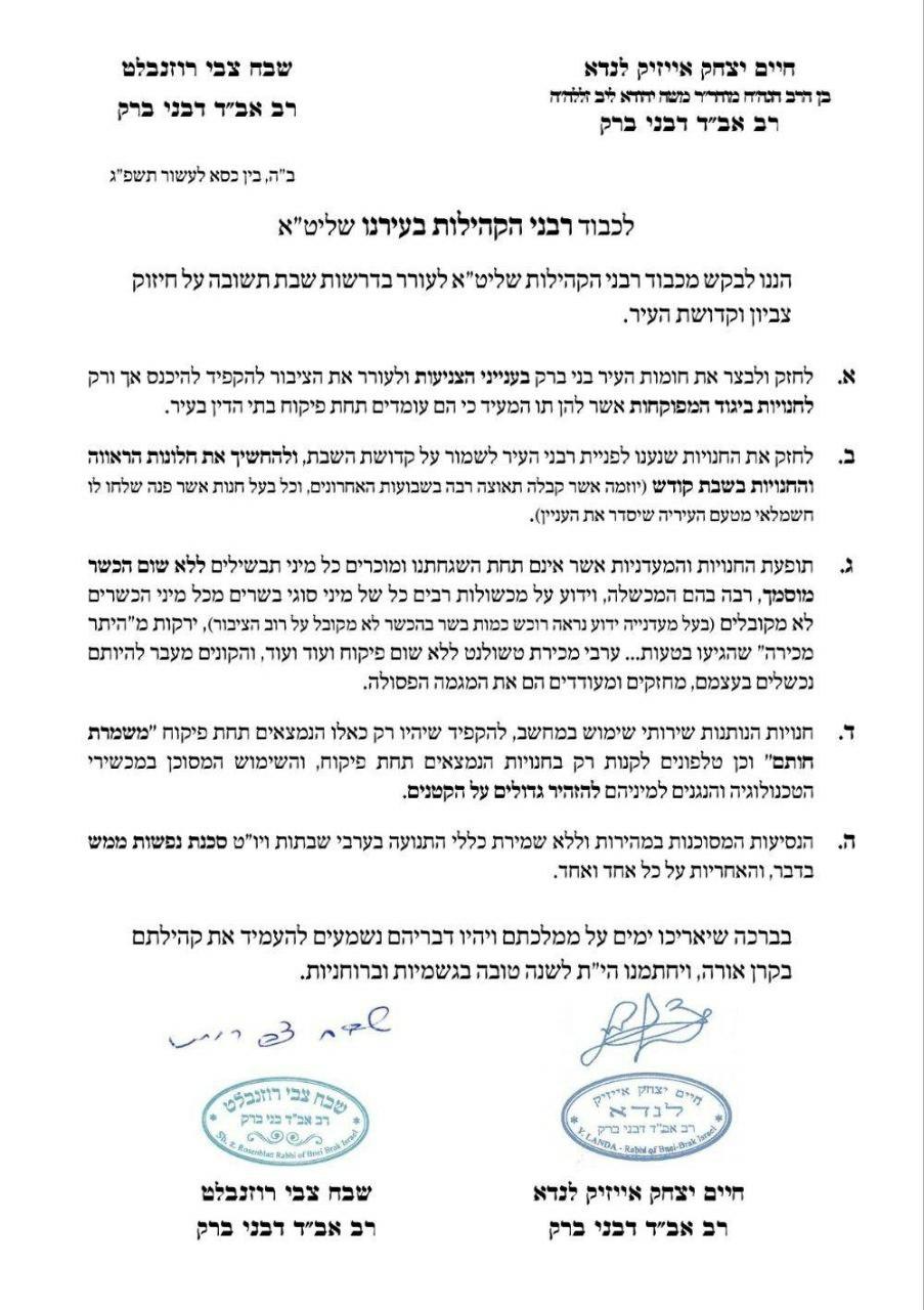 נושאי החיזוק של רבני בני ברק: טשולנט ללא פיקוח ונסיעות מסוכנות בערב שבת