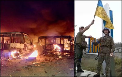 כוחות אוקראינים מניפים את דגל אוקראינה בעיר לימן