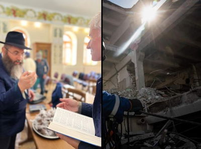 משמאל: הרב וולף בחרסון. מימין: הפגזת בניין אוקראיני במלחמה