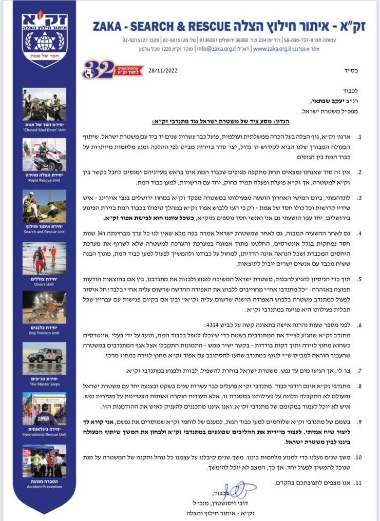 המכתב החריף של מנכ"ל זק"א למפכ"ל המשטרה