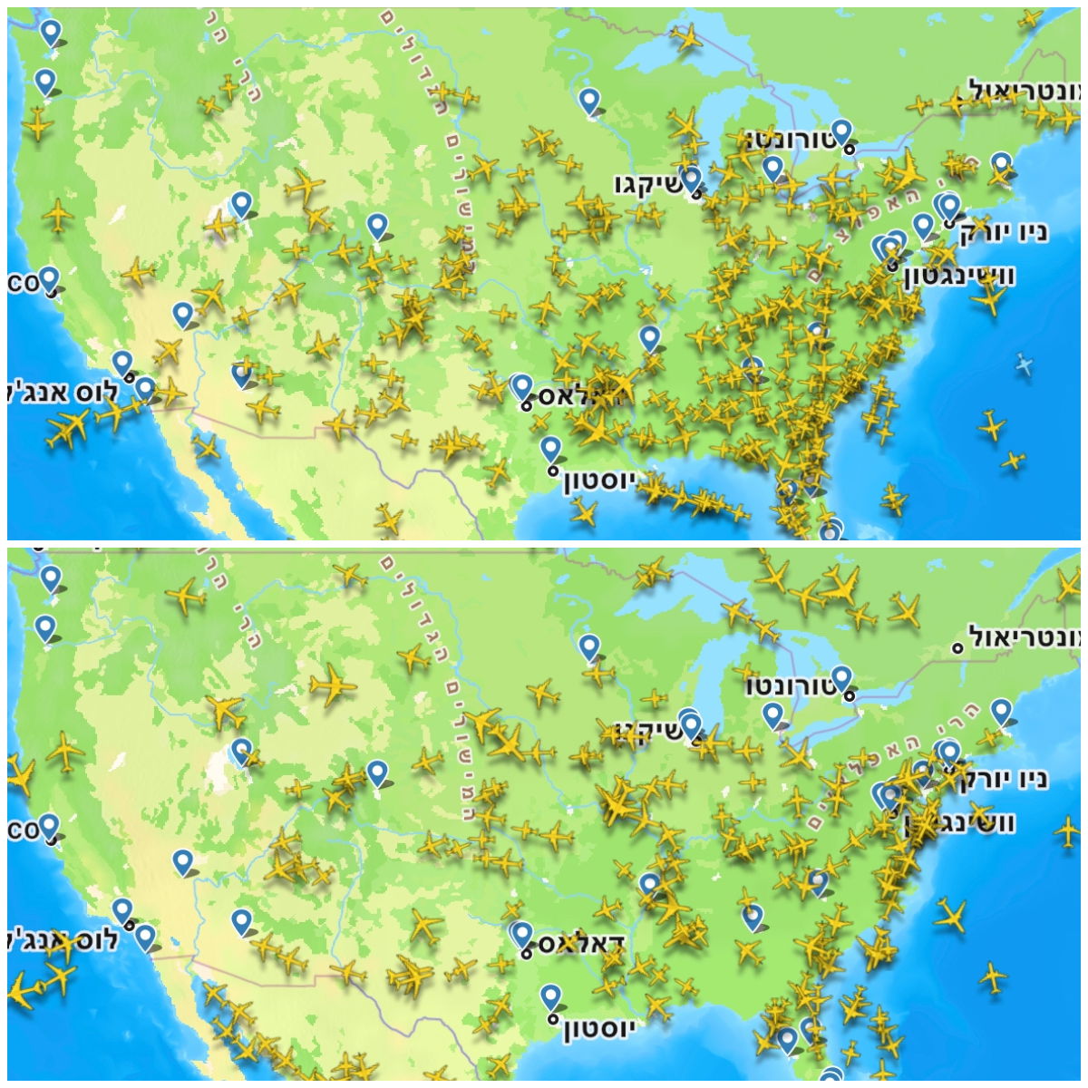 בחלק העליון: מפת המטוסים לפני 48 שעות | בחלק התחתון: מפת המטוסים בזמן התקלה