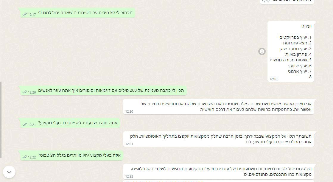 צילומסך של ההתכתבות עם הצ'אט