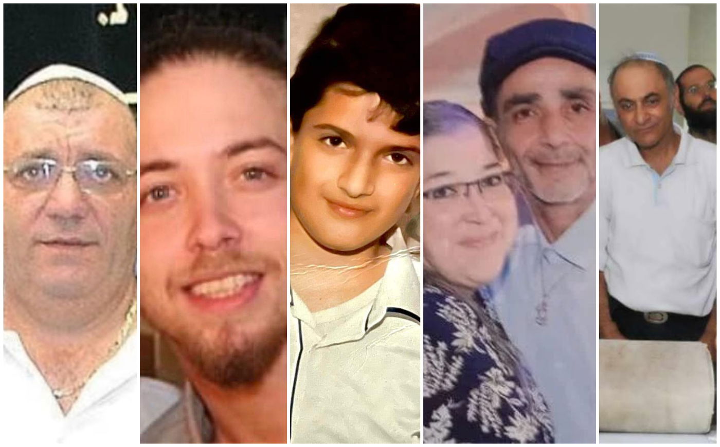 הנרצחים מימין לשמאל: הגבאי ר' שאול חי, הזוג מזרחי, הנער נתן מורלי, איליה סוסנסקי, ורפאל בן אליהו הי"ד