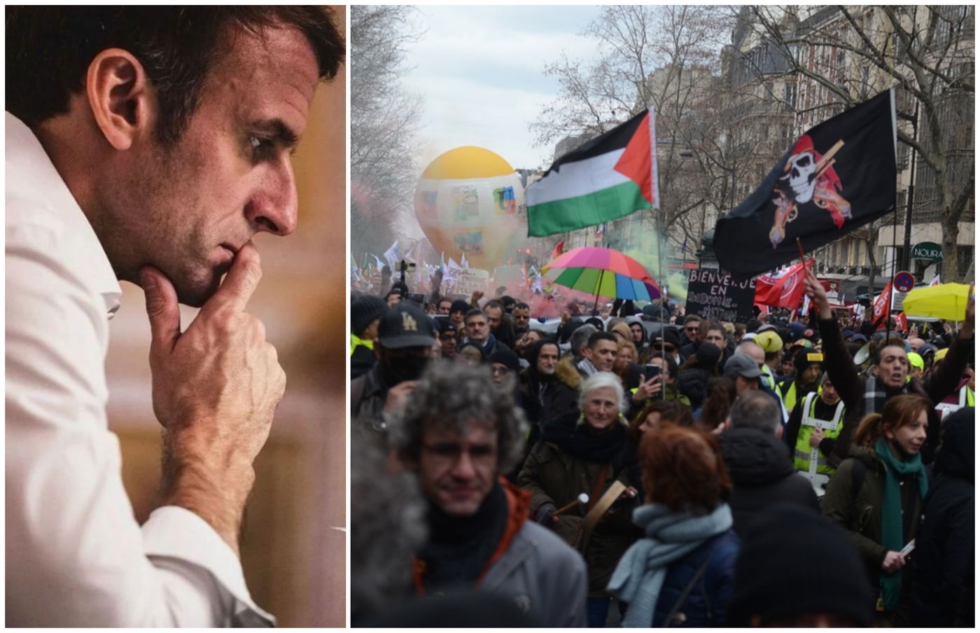 המחאות נגד הרפורמה בפנסיה של מקרון | משמאל: נשיא צרפת מקרון