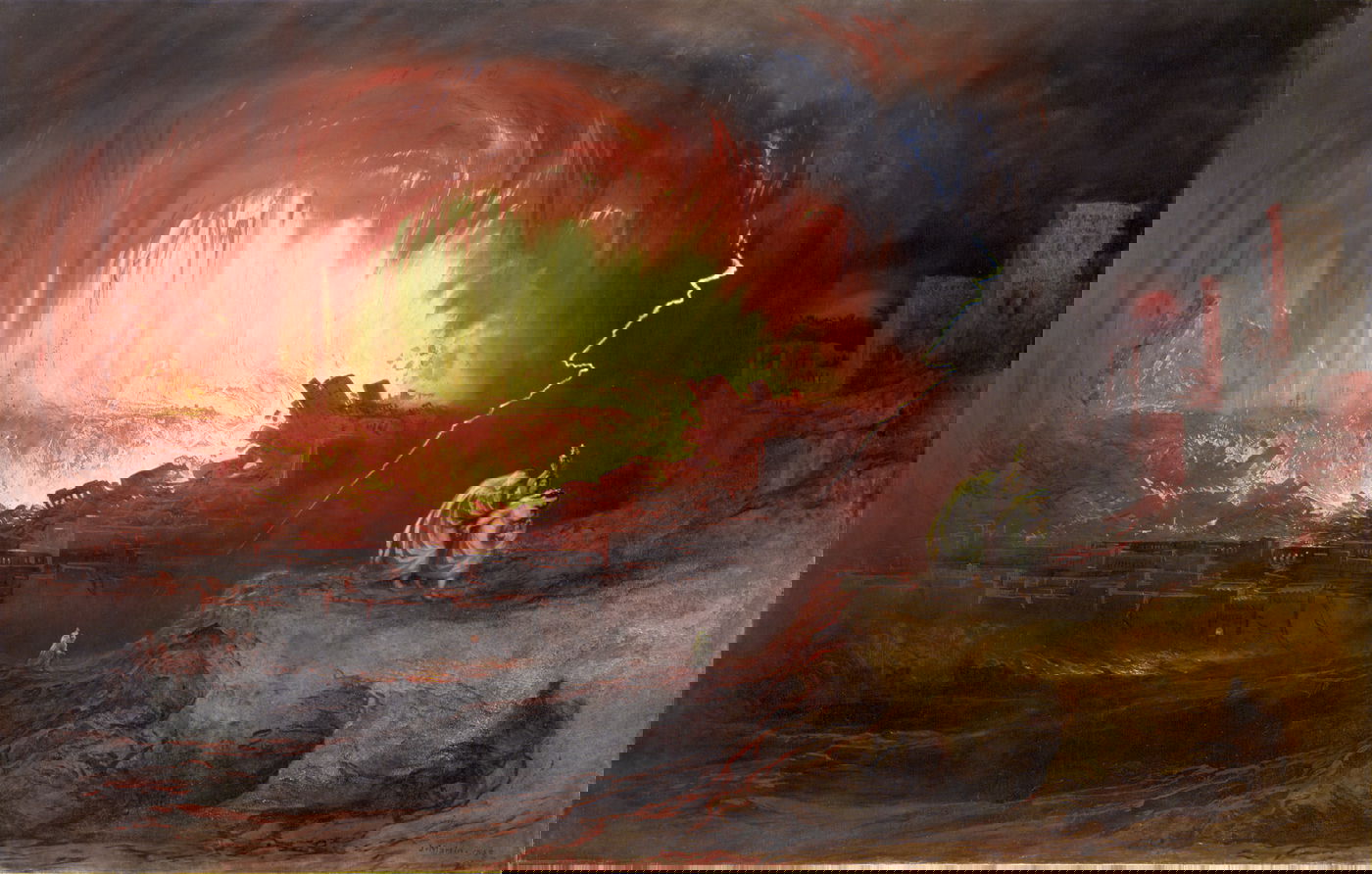 הימלטות לוט ובנותיו מהפיכת סדום, ברקע נראית אשתו, שהביטה בהפיכת סדום על אף אזהרת המלאך, והפכה לנציב מלח